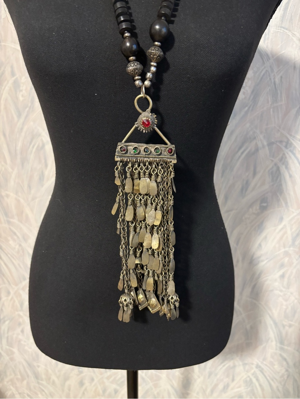 Vintage Afghan Brass Fringe Pendant Necklace 30”